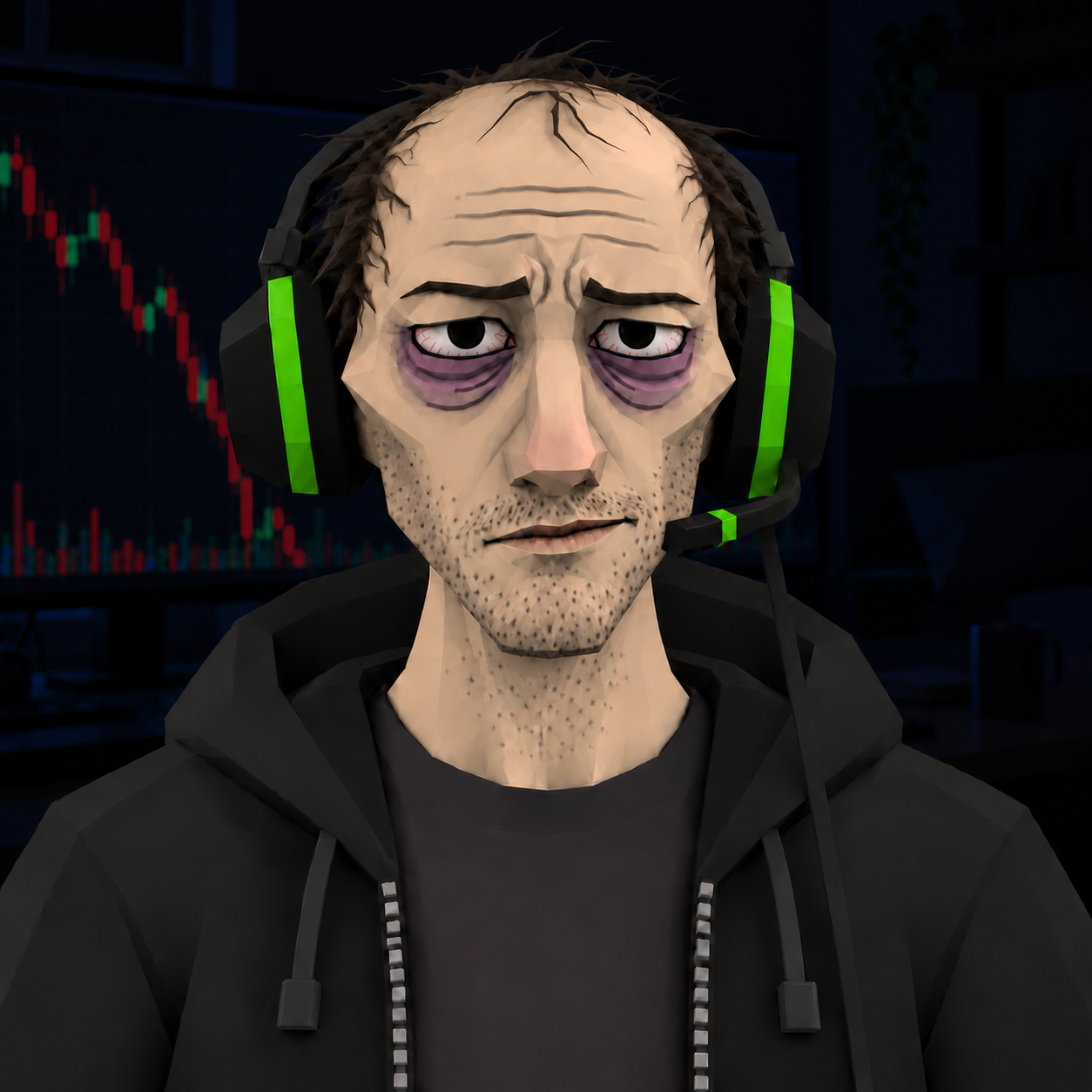 Mr. KOL, a balding, sleep-deprived trader in a black hoodie and green-striped gaming headset, staring blankly at the camera.